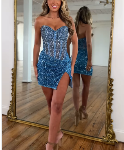 Impresionante vestido de fiesta corto azul con escote corazón y lentejuelas, elegante vestido de bienvenida con aberturas ED03234