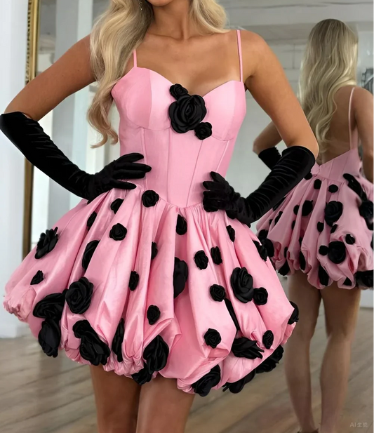 Fairytale Spaghetti Straps Pink A-Line Satin Backless Short Homecoming Dress with Appliques ED03244