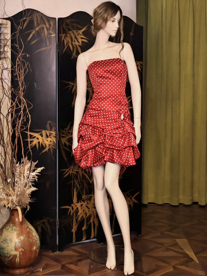 Vestido de fiesta corto de satén con lunares, estilo retro, rojo, sin tirantes, corte A, para quinceañeras, ED03250