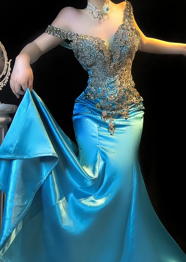 Impresionante vestido de fiesta largo de satén azul con hombros descubiertos y cuentas, corte sirena, vestido de noche formal ED03256