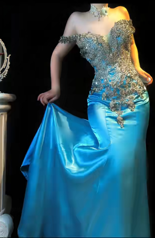 Impresionante vestido de fiesta largo de satén azul con hombros descubiertos y cuentas, corte sirena, vestido de noche formal ED03256