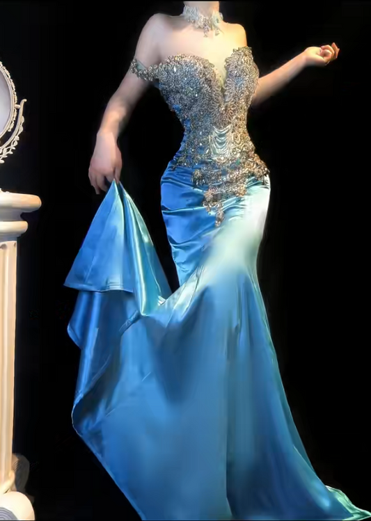 Impresionante vestido de fiesta largo de satén azul con hombros descubiertos y cuentas, corte sirena, vestido de noche formal ED03256