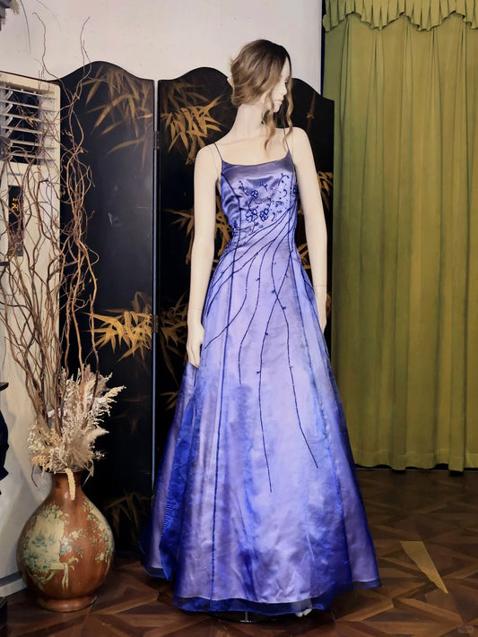 Vestido de fiesta largo de satén morado con tirantes finos y corte en A, estilo vintage, con cuentas, ED03259