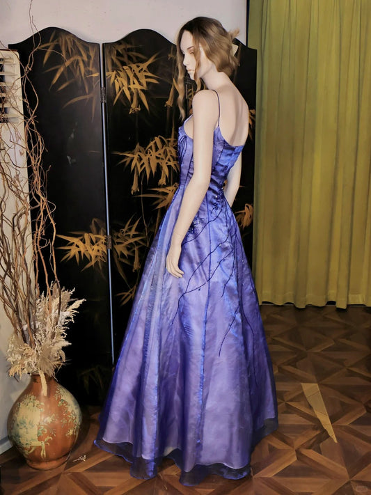 Vestido de fiesta largo de satén morado con tirantes finos y corte en A, estilo vintage, con cuentas, ED03259