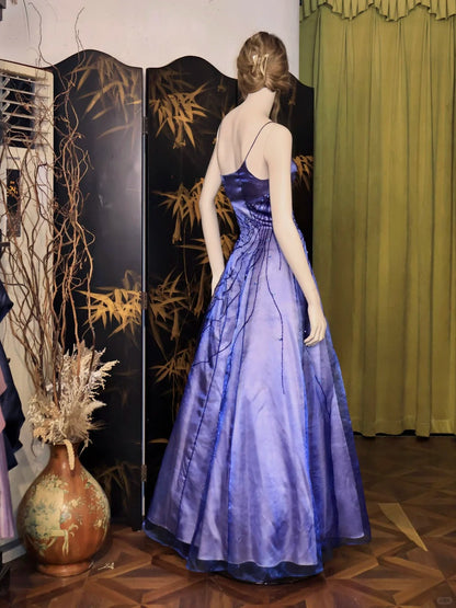 Vestido de fiesta largo de satén morado con tirantes finos y corte en A, estilo vintage, con cuentas, ED03259