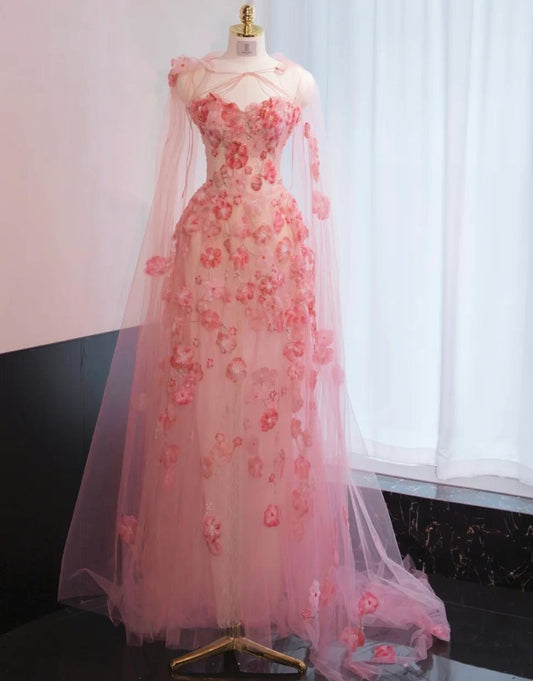 Vestido de fiesta largo con escote corazón, tul y apliques, color rosa dulce, para cumpleaños, ED03262