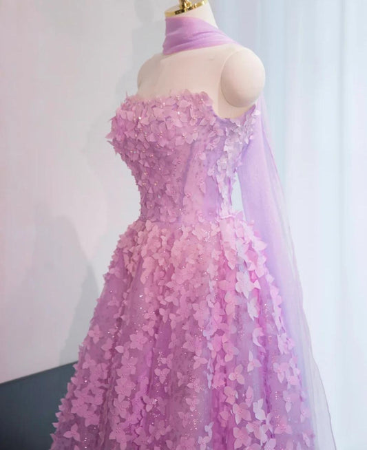 Vestidos de fiesta largos de quinceañera con apliques, corte A, de tul, sin tirantes, color lila, ED03288