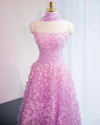 Vestidos de fiesta largos de quinceañera con apliques, corte A, de tul, sin tirantes, color lila, ED03288