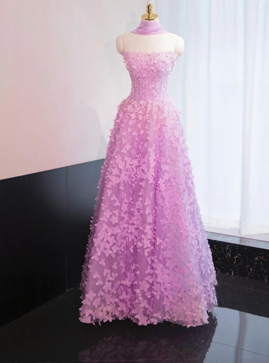 Vestidos de fiesta largos de quinceañera con apliques, corte A, de tul, sin tirantes, color lila, ED03288