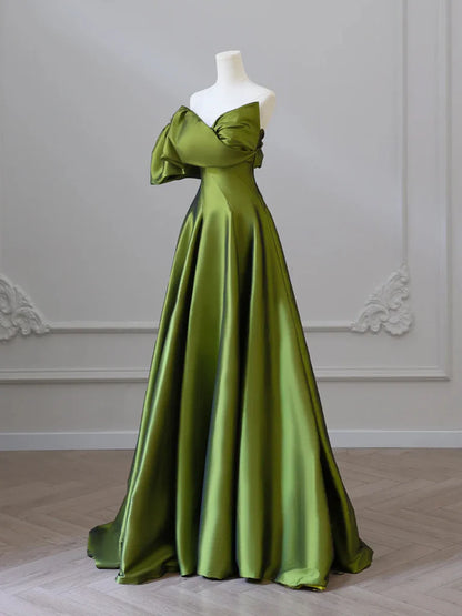 Vestido de fiesta largo de satén verde con escote en V y corte A, vestido formal largo verde ED033