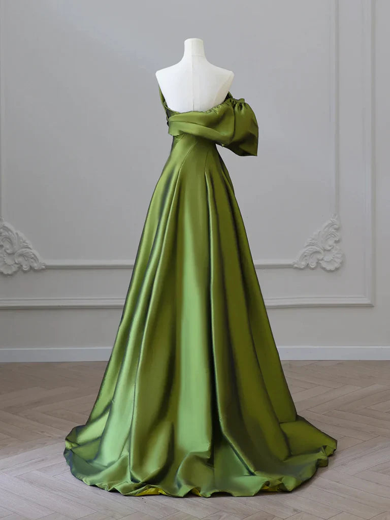 Vestido de fiesta largo de satén verde con escote en V y corte A, vestido formal largo verde ED033