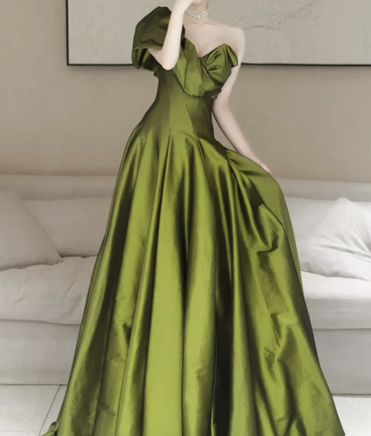 Vestido de fiesta largo de satén verde con escote en V y corte A, vestido formal largo verde ED033
