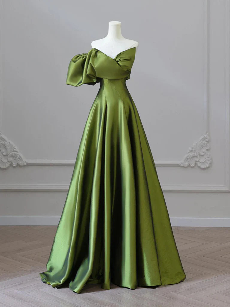 Vestido de fiesta largo de satén verde con escote en V y corte A, vestido formal largo verde ED033