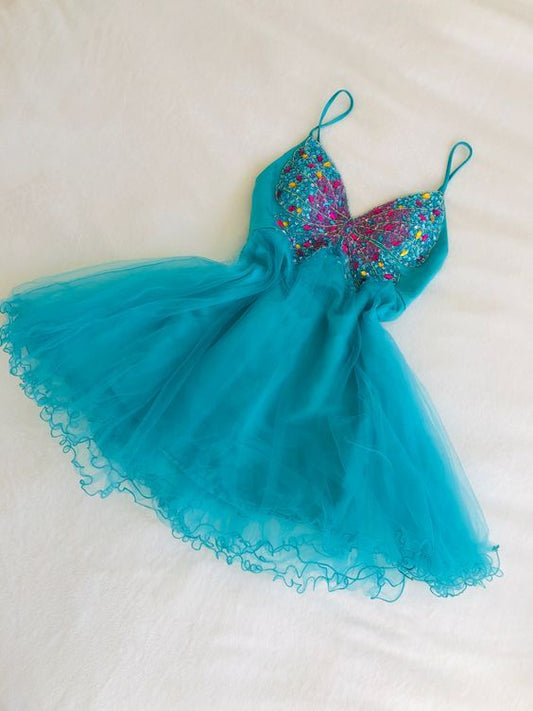 Vestido de fiesta corto azul con tirantes finos, corte A, de tul y cuentas, ED03323