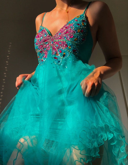 Vestido de fiesta corto azul con tirantes finos, corte A, de tul y cuentas, ED03323