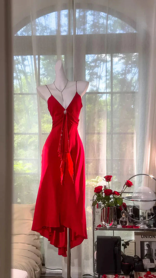 Stunning Red Mermaid Spaghetti Strap Beaded Chiffon Homecoming Dress Cocktail Dress SH3767