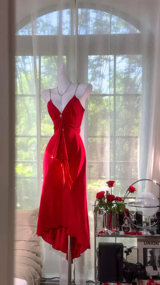 Stunning Red Mermaid Spaghetti Strap Beaded Chiffon Homecoming Dress Cocktail Dress SH3767