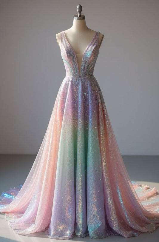 Vestido de quinceañera glamuroso, colorido, con escote en V y corte A, de tul brillante, largo para fiesta de graduación, vestido para 16 años ED03340