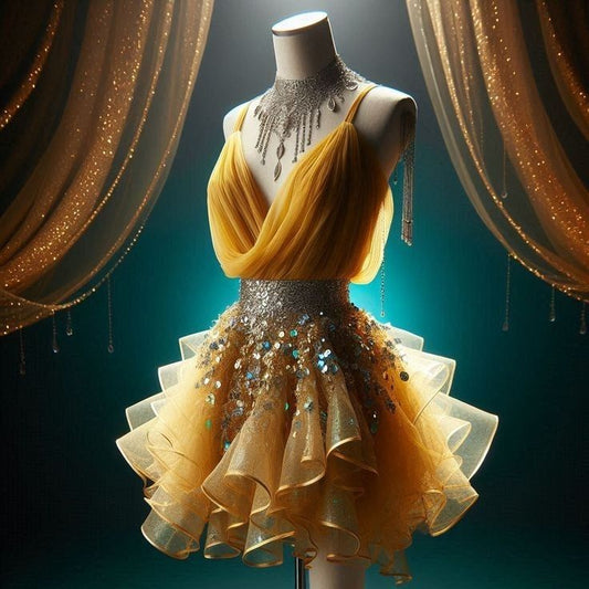Elegante vestido de fiesta corto de tul amarillo con tirantes finos, corte A, ED03345