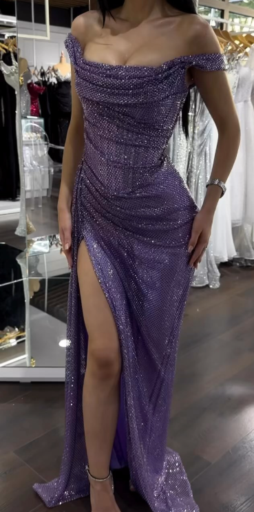 Vestido de fiesta largo con hombros descubiertos y purpurina, vestido formal de noche con aberturas, color morado glamuroso ED03351
