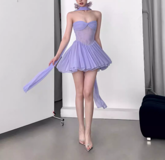Precioso vestido de fiesta de cumpleaños corto de gasa sin tirantes, color morado, corte A, ED03369