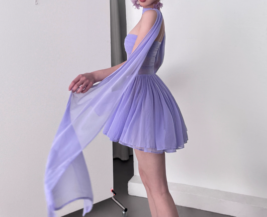 Precioso vestido de fiesta de cumpleaños corto de gasa sin tirantes, color morado, corte A, ED03369