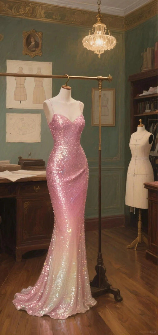 Fairytale Ombre Pink Spaghetti Strap Mermaid Sequin Long Prom Dresses, Formal Evening Gowns ED03373