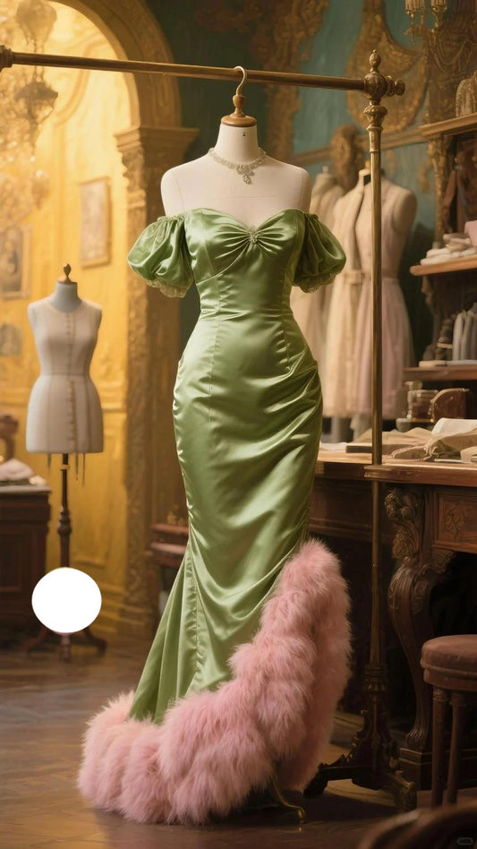 Elegante vestido de fiesta largo de satén verde con hombros descubiertos y corte sirena, elegante vestido de noche ED03376