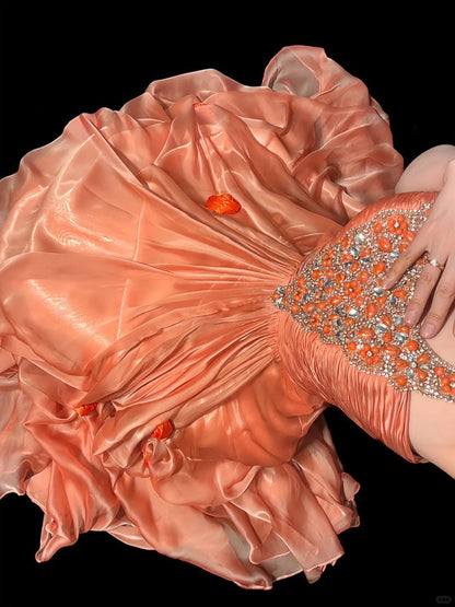 Fairytale Orange Tulle A-Line Beaded Tulle Long Prom Dresses, Sweet 16 Dress ED03379