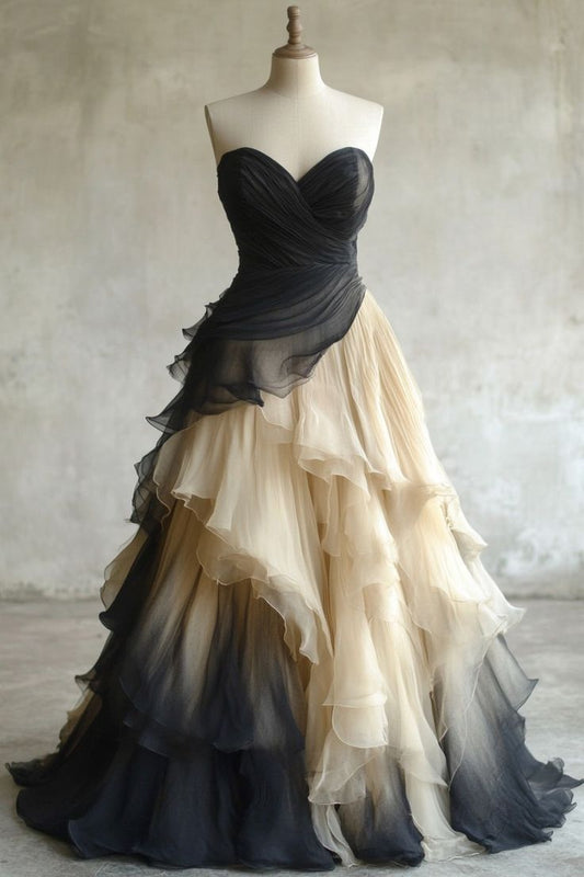 Elegant Black/White Sweetheart Neck A-Line Tulle Long Wedding Dress, Simple Evening Gown ED03385