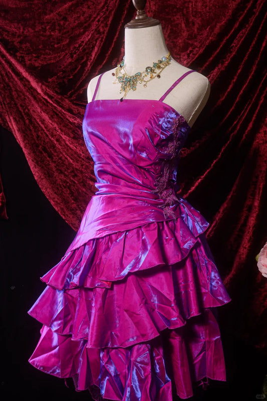 Elegante vestido de fiesta corto de satén con tirantes finos, corte A, color morado uva, vestido de fiesta vintage ED03392