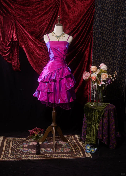 Elegante vestido de fiesta corto de satén con tirantes finos, corte A, color morado uva, vestido de fiesta vintage ED03392