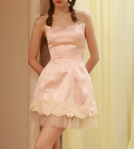 Vestido de fiesta corto de satén y tul rosa dulce sin tirantes, corte A, vestido de fiesta de moda ED03395