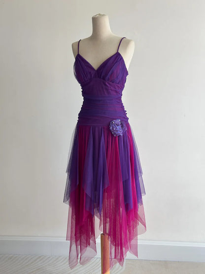 Fairytale Purple/Fuchsia V-Neck A-Line Tulle Short Prom Dresses Classic Party Dress ED03401
