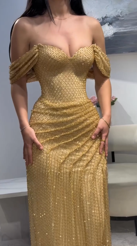 Glamour Gold Off Shoulder Sheath Lace Long Evening Gowns, Fashion Slit Prom Dresses ED03413