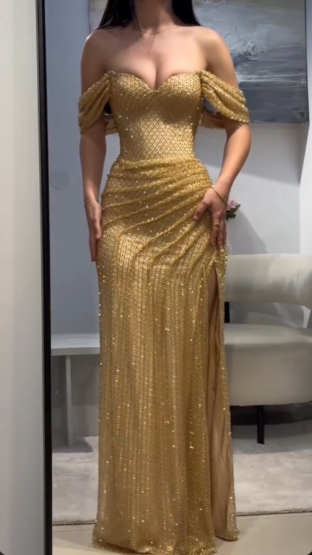Glamour Gold Off Shoulder Sheath Lace Long Evening Gowns, Fashion Slit Prom Dresses ED03413