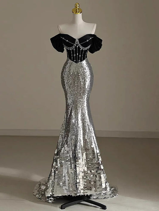 Elegante vestido de noche plateado de corte sirena con hombros descubiertos, elegante vestido de fiesta largo de terciopelo con lentejuelas ED03416