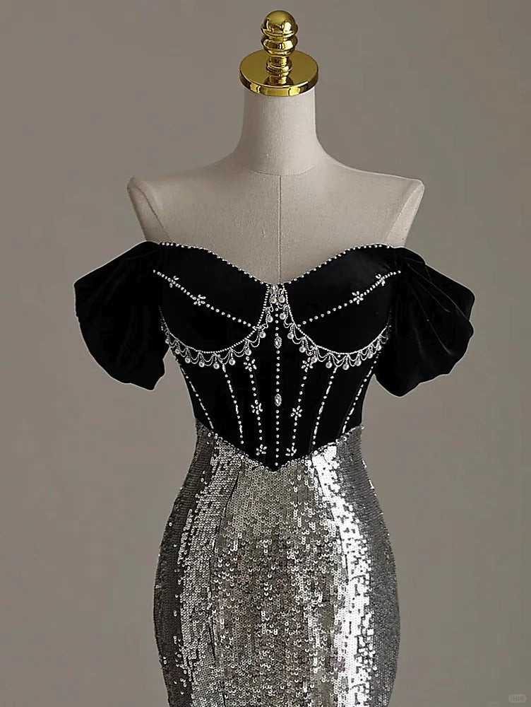 Elegant Silver Mermaid Off Shoulder Evening Gowns Chic Velvet Sequin Long Prom Dresses ED03416