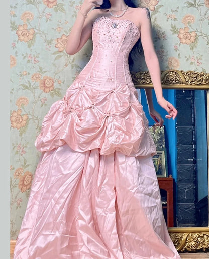 Hermosos vestidos de quinceañera rosas de tafetán sin tirantes, con cuentas y corte en A, vestidos largos de noche ED03425