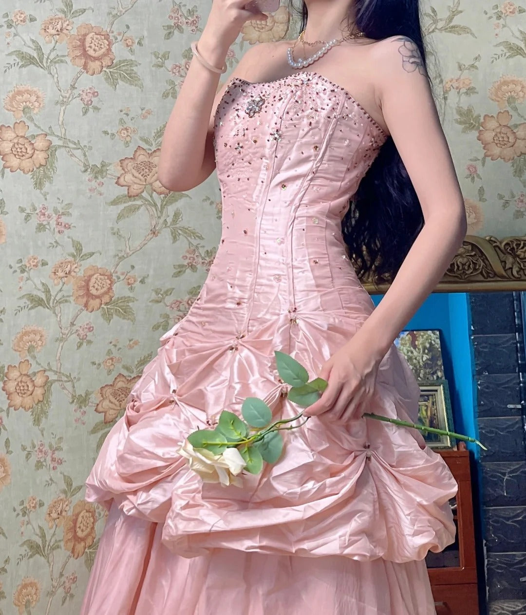 Hermosos vestidos de quinceañera rosas de tafetán sin tirantes, con cuentas y corte en A, vestidos largos de noche ED03425