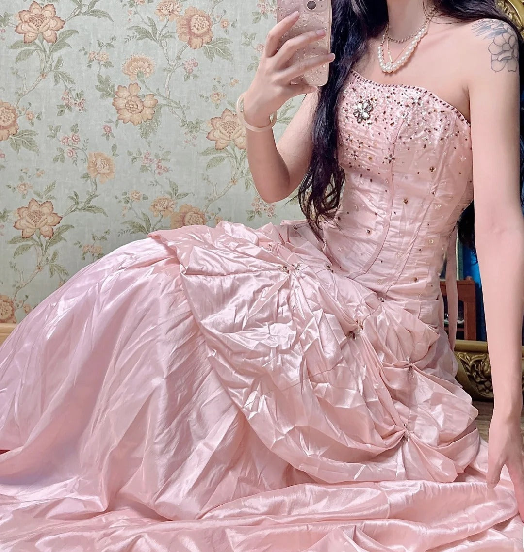 Hermosos vestidos de quinceañera rosas de tafetán sin tirantes, con cuentas y corte en A, vestidos largos de noche ED03425