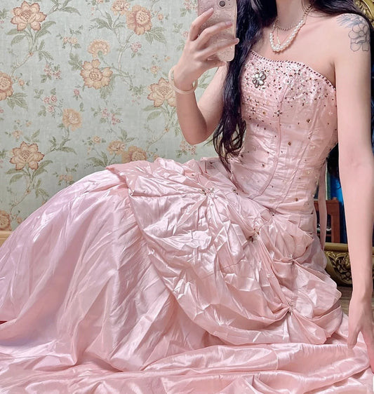 Hermosos vestidos de quinceañera rosas de tafetán sin tirantes, con cuentas y corte en A, vestidos largos de noche ED03425