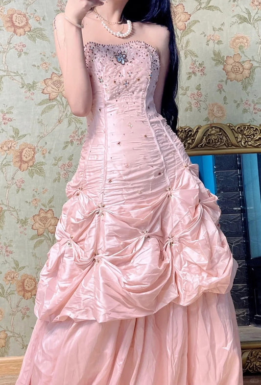Hermosos vestidos de quinceañera rosas de tafetán sin tirantes, con cuentas y corte en A, vestidos largos de noche ED03425