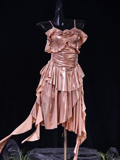 Vestido corto clásico de satén con tirantes finos en color oro rosa, para fiesta de graduación y cumpleaños, ED03426