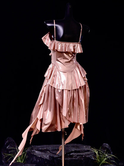 Vestido corto clásico de satén con tirantes finos en color oro rosa, para fiesta de graduación y cumpleaños, ED03426