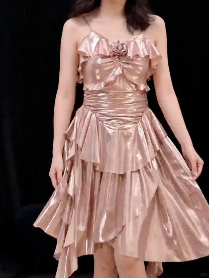 Vestido corto clásico de satén con tirantes finos en color oro rosa, para fiesta de graduación y cumpleaños, ED03426