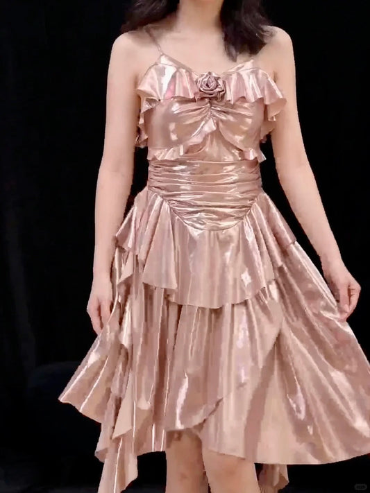Vestido corto clásico de satén con tirantes finos en color oro rosa, para fiesta de graduación y cumpleaños, ED03426