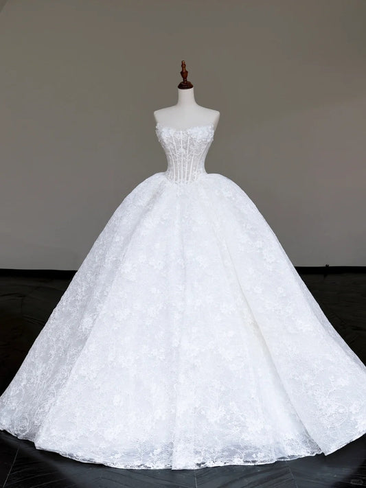 Gorgeous White Strapless A-Line Lace Applique Long Wedding Dress ED03428