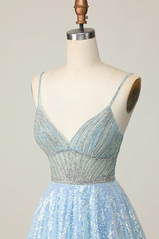 Vestido corto azul claro brillante con escote en V y lentejuelas para fiesta de bienvenida, vestido de cumpleaños ED03431