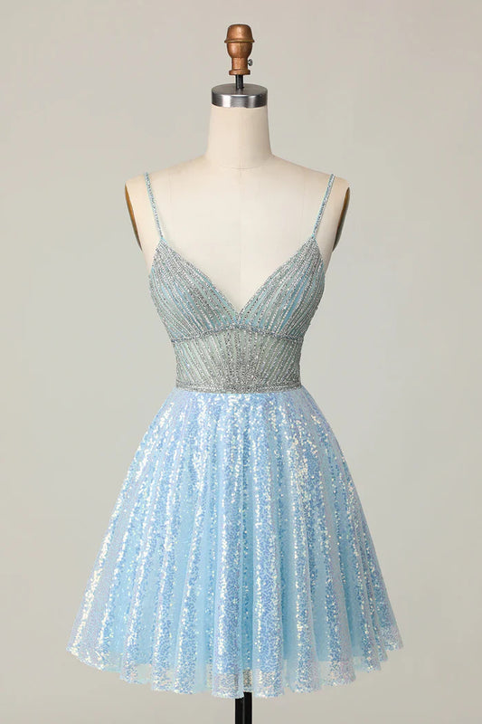 Vestido corto azul claro brillante con escote en V y lentejuelas para fiesta de bienvenida, vestido de cumpleaños ED03431